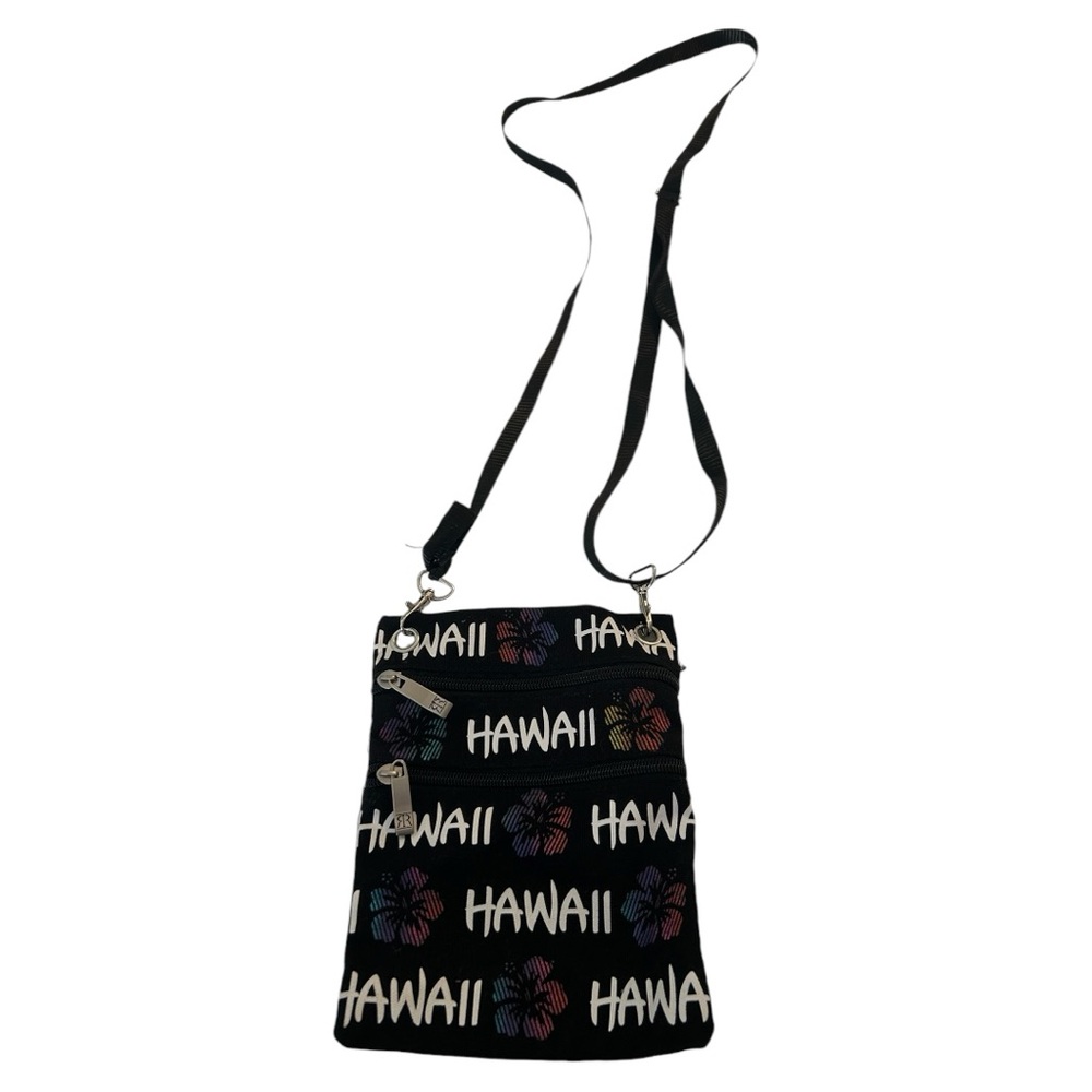 Robin Ruth Hawaii print crossbody purse bag black with whitee writing hibiscus